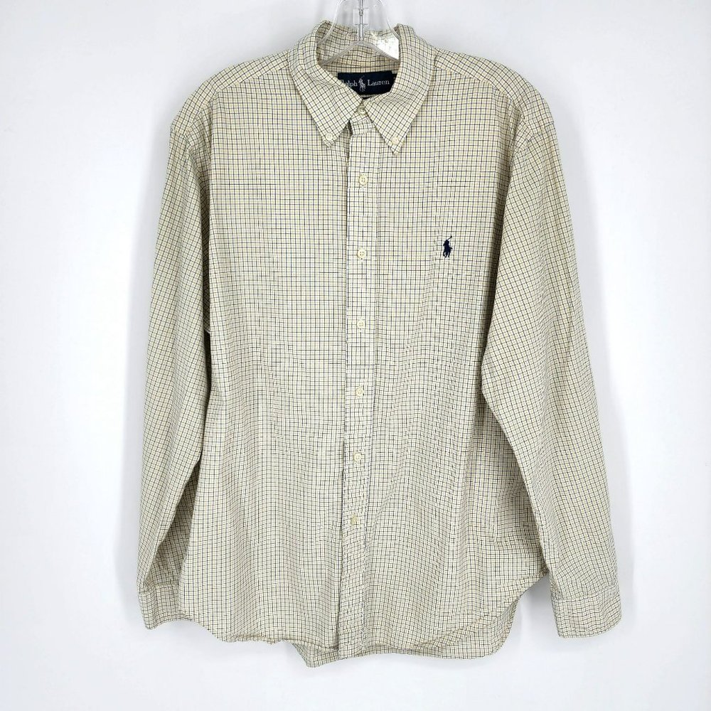 Ralph Lauren Button Up Shirt M 16 34 35 Yellow Blue Check Cotton Classic Fit